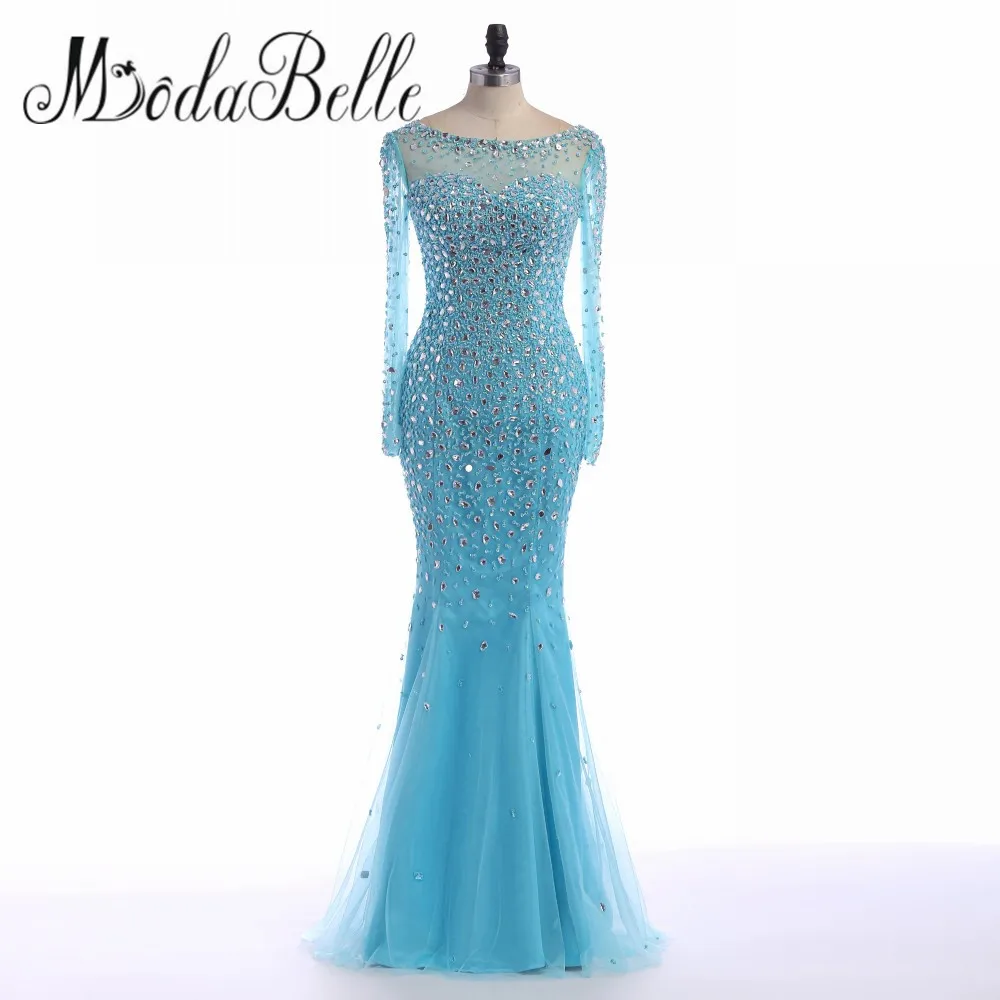 Ice Blue Mermaid Long Sleeve Prom Dress 2016 Glitter Crystal Long
