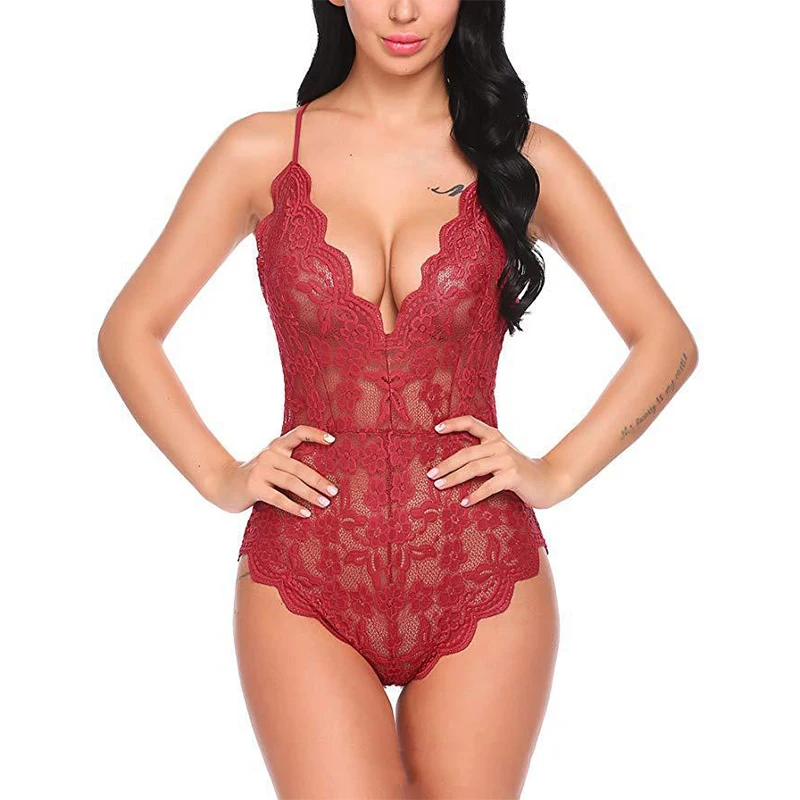 

hot sale sheer lace bodysuit women backless transparent mesh bow sexy jumpsuit catsuit straps bodysuits thong