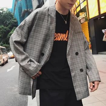 

2018 Korean Autumn Men's Fashion Tide Lattice Printing Double-breasted Oversize Clothing Loose Casual Grey Color Suit Coat M-XL