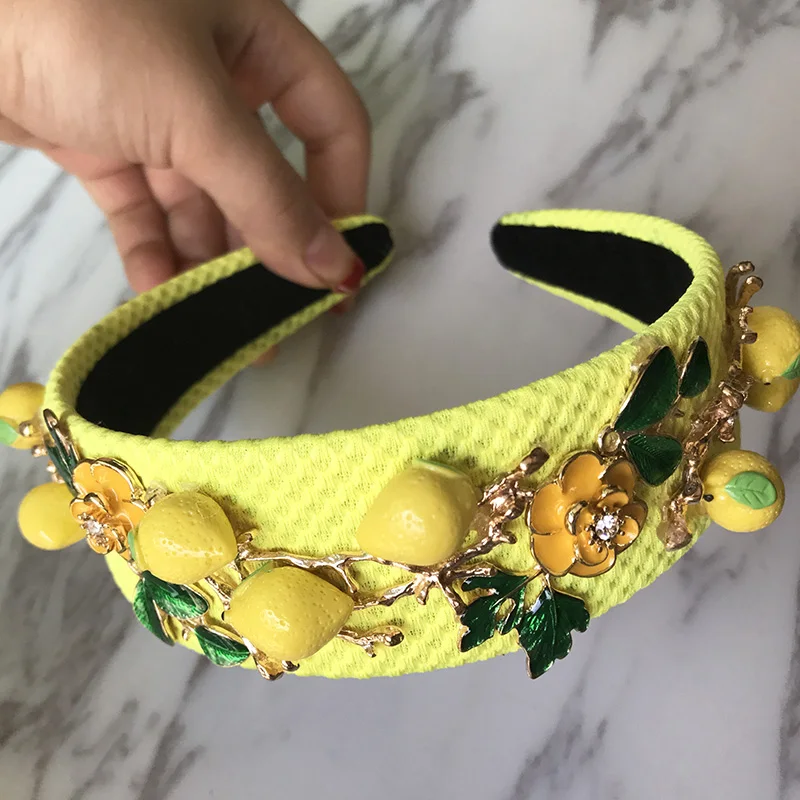 Барокко Мода Подиум милый желтый лимонный цветок зеленый ободок с листьями для женщин Роскошные винтажные Wideside аксессуары для волос ювелирные изделия