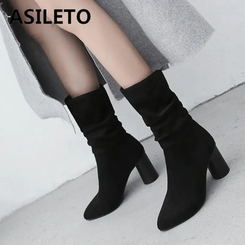 

ASILETO sock boots Women stretch western ankle boots pointed toe high heels Slip on party shoes ankle booties suede leather