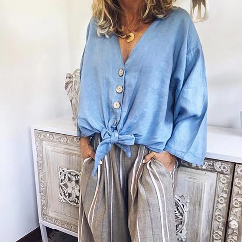 

Women Blouse Tops Summer Casual Solid Color Women Cotton Blouse Wild V-Neck Button Long Sleeve Lace-Up Shirt 2019 New