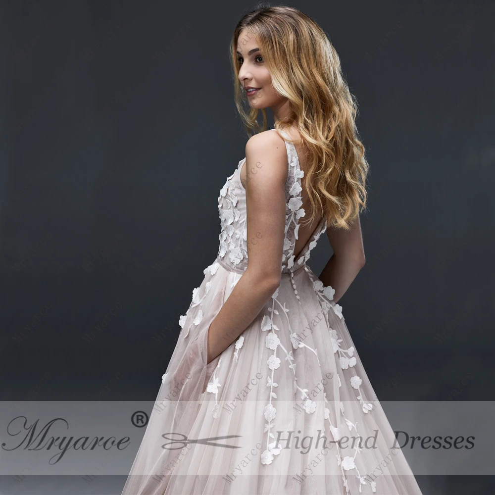 Mryarce без рукавов Румяна свадебное платье Sexy V образным вырезом 3D цветы Очаровательная открытой спиной Свадебные платья