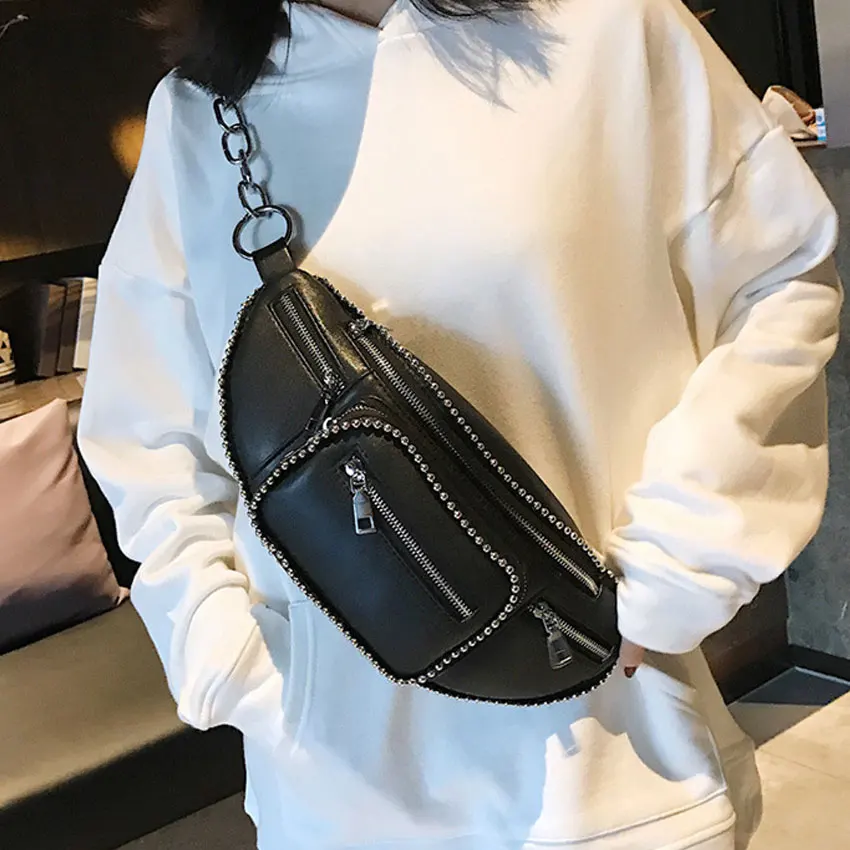 LJT Luxury Design Women PU Leather Waist Bag Female Rivet Casual Fanny Packs Belt Bag Handbag and Purse Female Mini Chest Bags