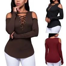 2017 Sexy Wanted Lace Up Knitted Blouse Cold Shoulder Long Sleeved Solid Women's Bottoming Bandage Hollow Shirts 3 Colors LX243 cold shoulder lace up striped blouse