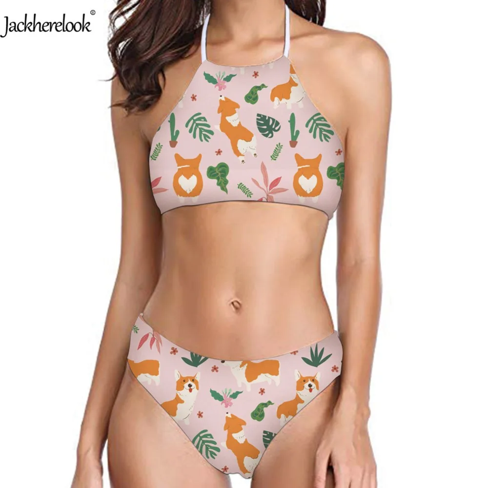 

Jackherelook Tropical Corgi/Beagle/Pug Print Bikinis Set Women Sexy Halter Off Shoulder Swimwear Backless Bandage Beach Swimsuit