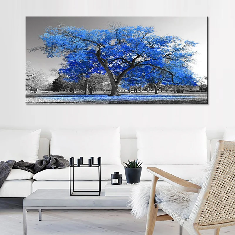 JHLJIAJUN Скандинавская Картина на холсте голубое дерево лес пейзаж Горизонтальный Прямоугольник картина настенное искусство для гостиной украшения спальни