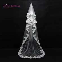 Wowbridal великолепный белый невесты фата вышивка блестки из бисера- длина свадебные аксессуары