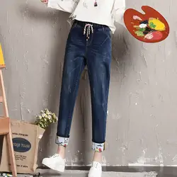 2051 свободный, в Корейском стиле прямые шаровары джинсы Femme Плюс Размер Feminino XL-5XL эластичный пояс потертые джинсы по щиколотку прилив