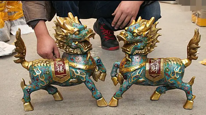

free 14" Chinese Cloisonne Enamel Bronze Gilt Dragon Kylin Unicorn Beast Statue Pair fast