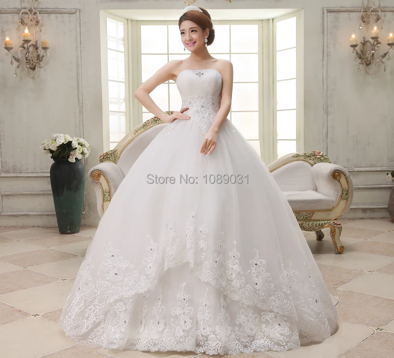 

Latest Wedding Dresses with Appliques Elegant Strapless Ball Gown Formal Dress Romantic Princess White /Ivory Bridal Gown