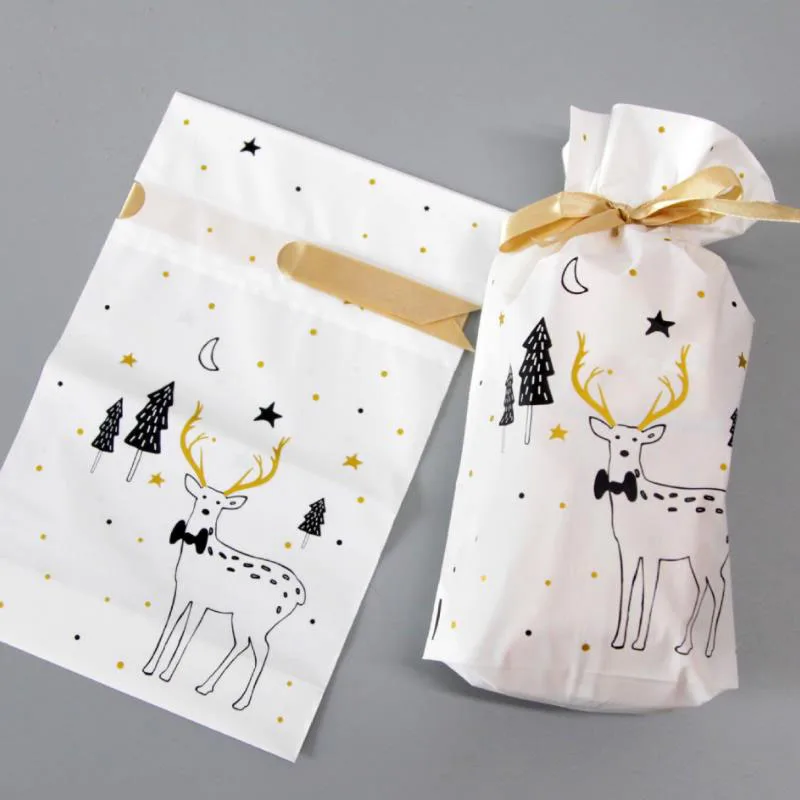 

10pcs/set fashion gold Christmas Elk Candy Sweet Treat Bags Xmas Festival Gifts Holders Bake Biscuit Cookies Packaging Bags