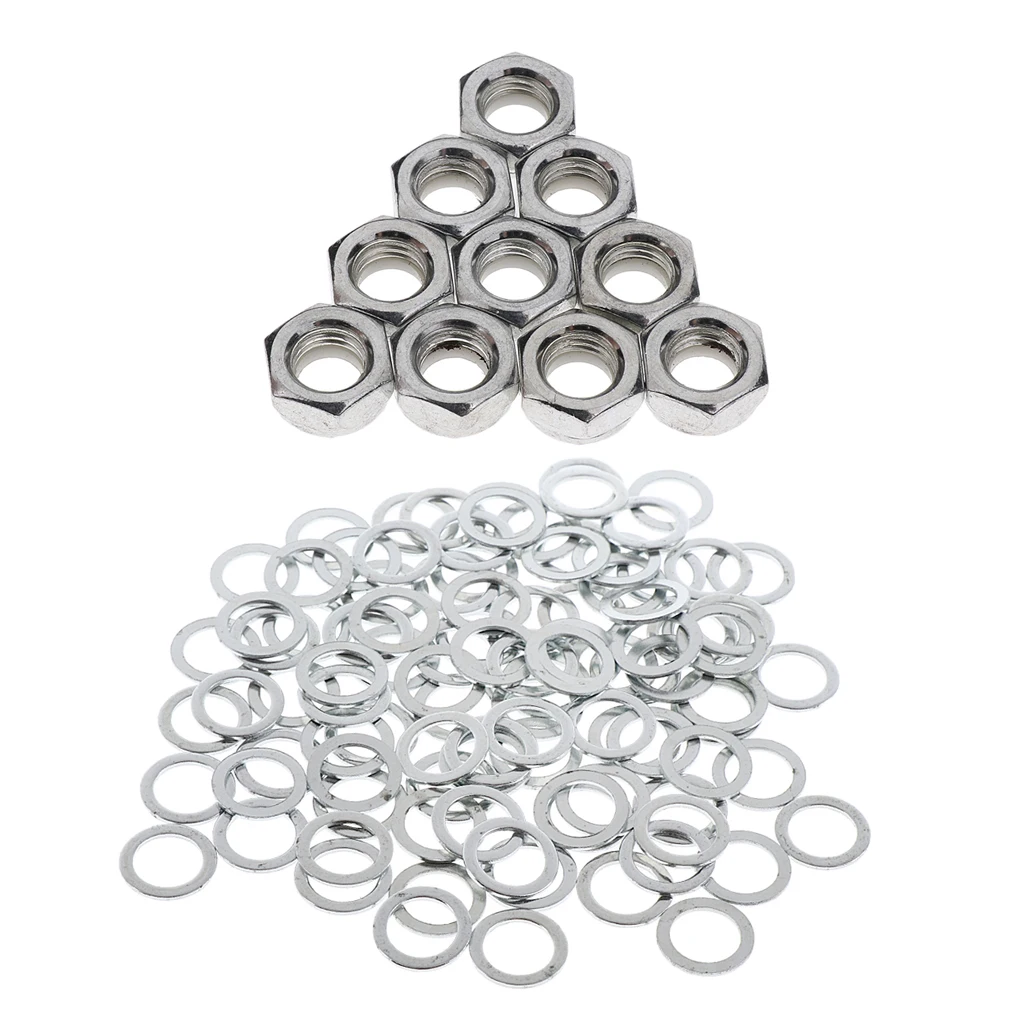 10pcs Skateboard Trucks Mounting Axle Hexagon Nuts Longboard Hardware Silver + 100pcs Bearings Washers Accessories