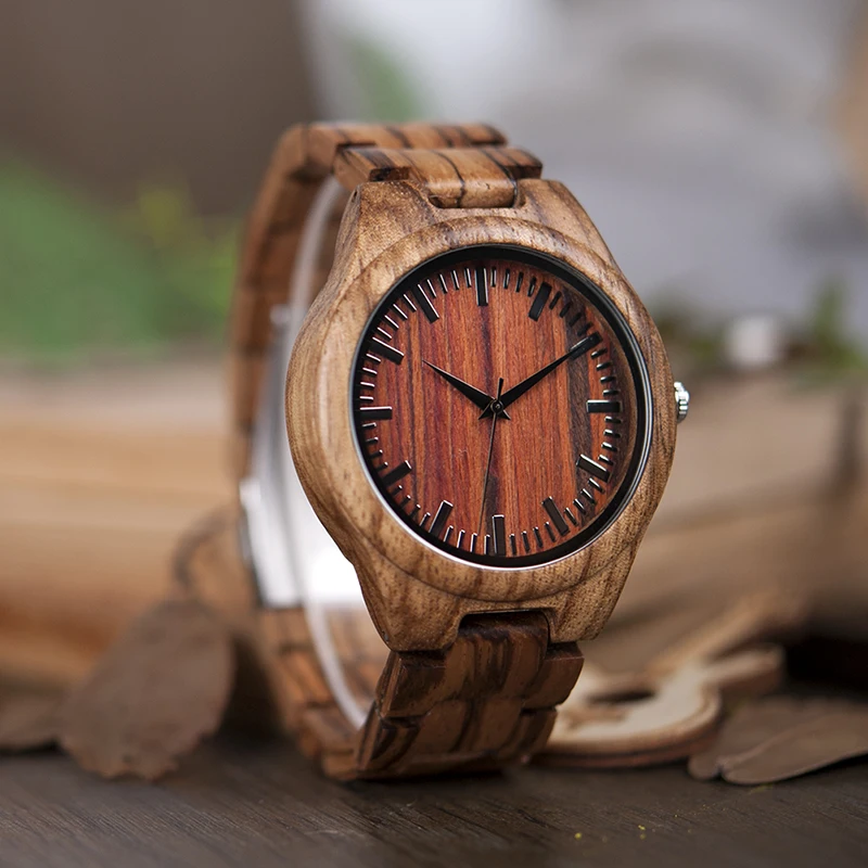 BOBO BIRD V-K27 Zebra Wooden Wristwatch Mens Brand Design Red Wooden Dial Quartz Watch Wood/Leather Strap Available in Gift Box
