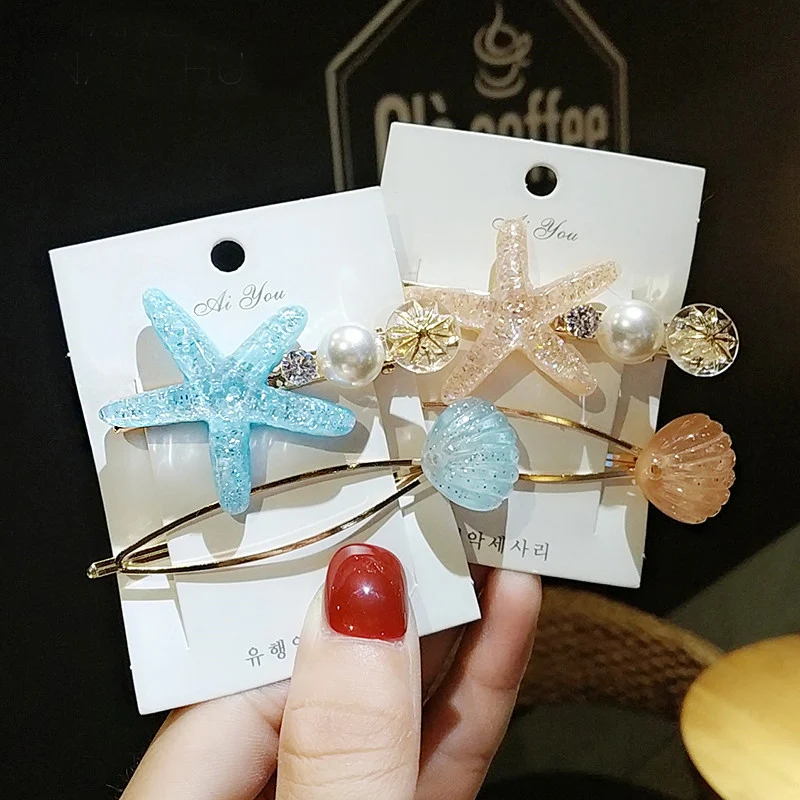 

2019 New Fashion Imitation Pearl Barrettes Starfish Hair Grip Shell Hairpin Hair Clip Hair Accessories for Women Girl Wedding