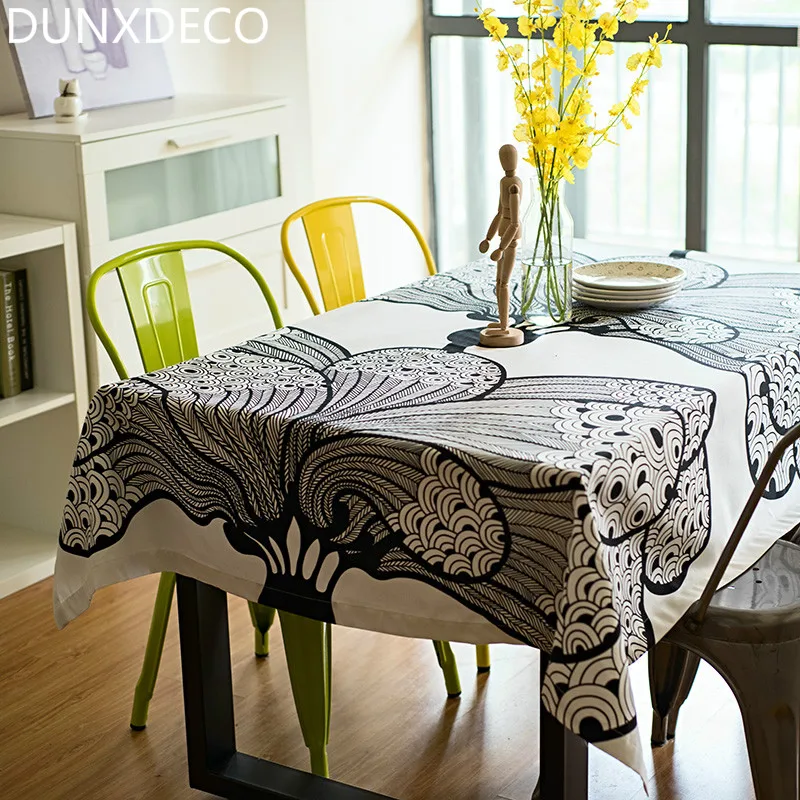 

DUNXDECO Tablecloth Cotton Table Cover Fabric Modern White Black Big Flower Artistic Decoration