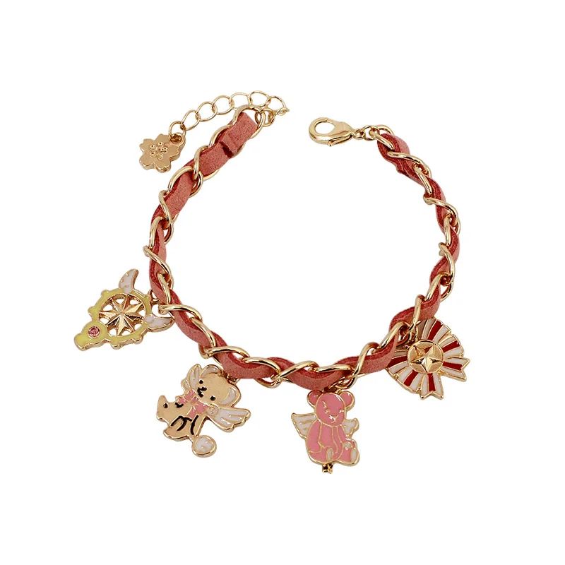 

free shipping 6pcs/lot fashion women jewelry card captor sakura star wand angel leather chain charm bracelet