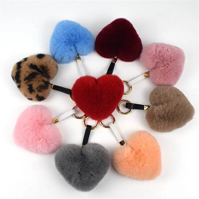 

PomPon Keychain Pom Leopard Heart Imitation Rabbit Fur Silver Keychain Ladies Car Phone Bag Pendant.