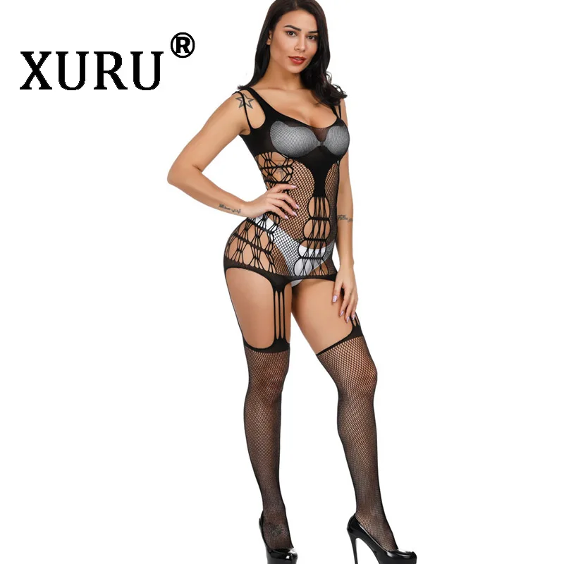 

XURU summer new jacquard sexy straps jumpsuit transparent hollow mesh tights jumpsuit nightclub club party jumpsuit