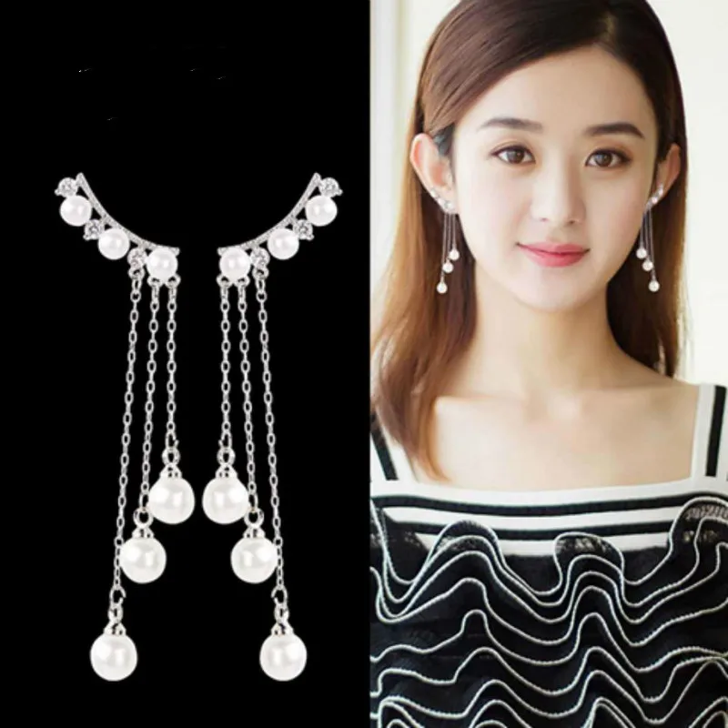 

Korean fashion temperament long pendant simple imitation pearl wild tassel ear wholesale Earrings Jewelry 2018