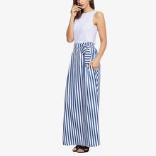 Женские полосатые длинные юбки трапециевидной формы с высокой талией, с карманами, поясом, ампир, длина по щиколотку, летние прямые элегантные повседневные юбки для женщин