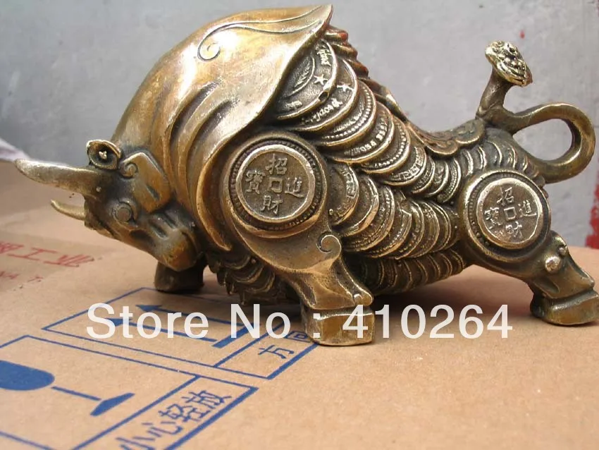 

0116P [old craft ] Fast shipping The wealth is bull "ZHAOCAIJINBAO" Bronze Statue (A0314)