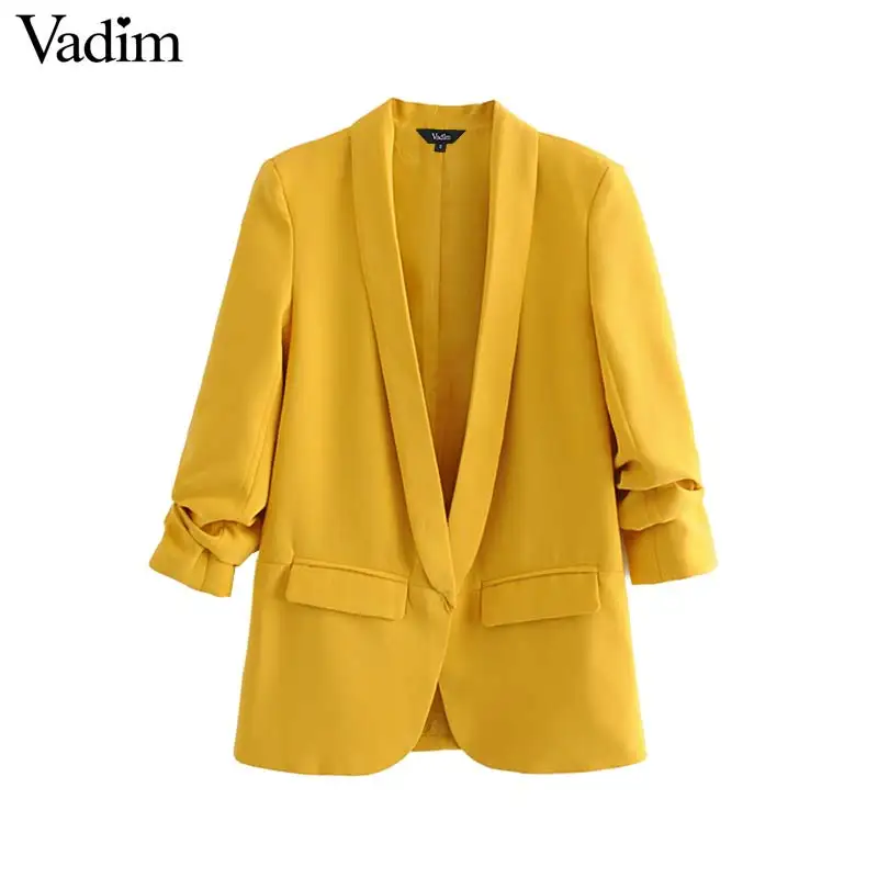 

Vadim women office stylish solid blazer three quarter sleeve pockets decorate outerwear coats female elegant yellow tops CA489