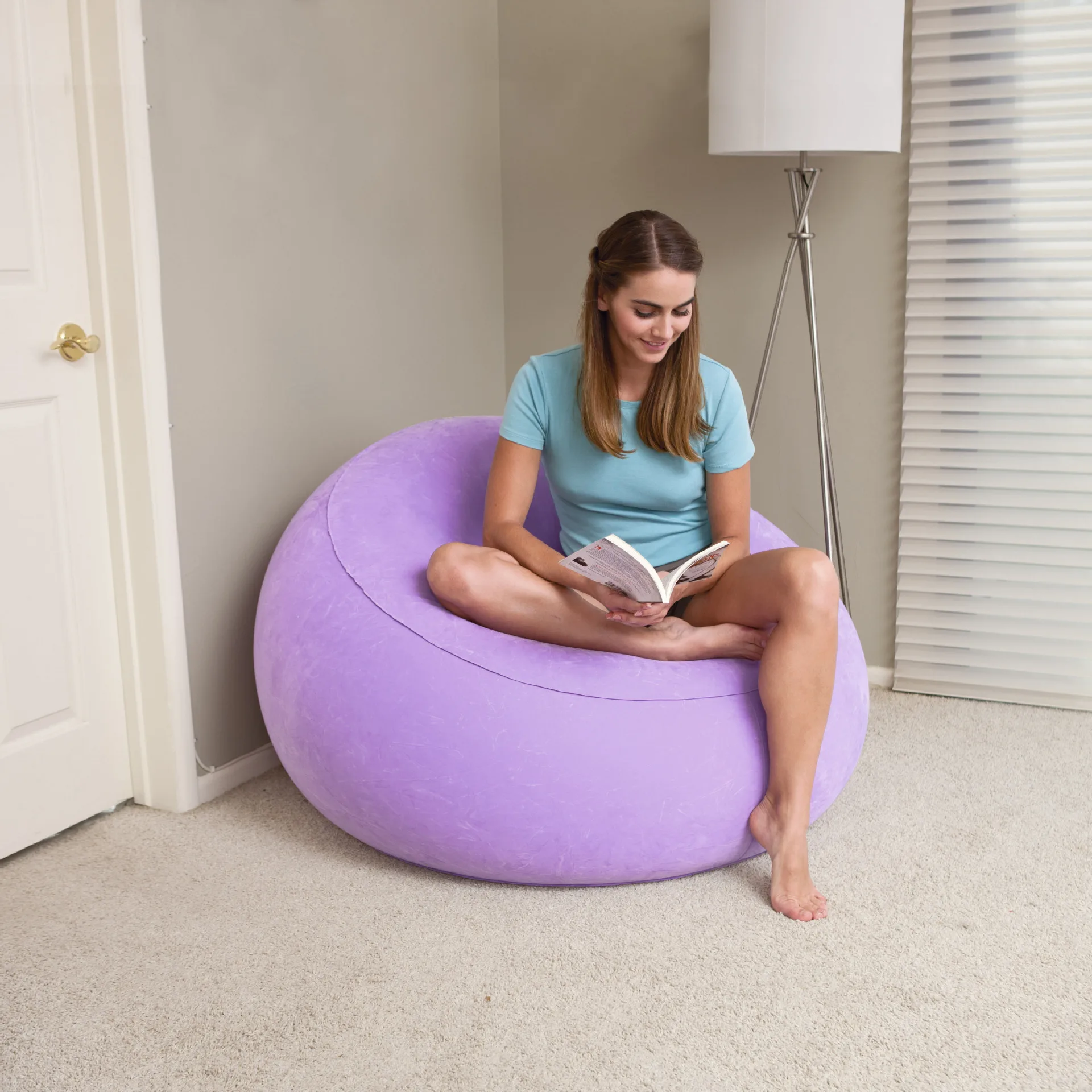 Eco-friend PVC Inflatable Sofa for Single Outdoor Home Flocking Lazy Sofa Portable Cushion Living Room Sofa 112x112x66cm