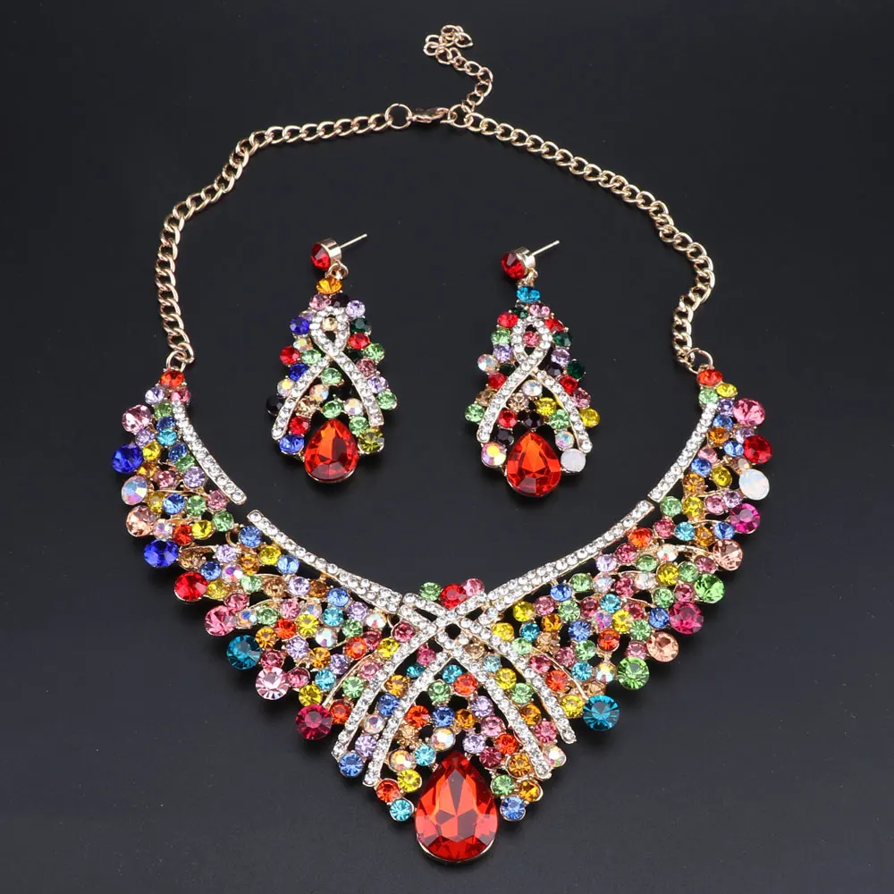 OEOEOS Indian Jewellery Crystal Necklace Earrings set Bridal Jewelry Sets for Brides Wedding Costume Accessories Decoration | Украшения и