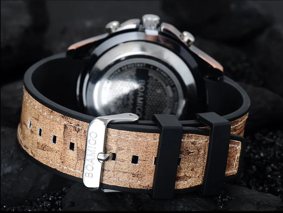 BOAMIGO Brand Vintage Punk Men's Watches Retro Wood Design Analog Digital LED Quartz Watch Waterpfoof 2 Time Zone Wristwatches (2)