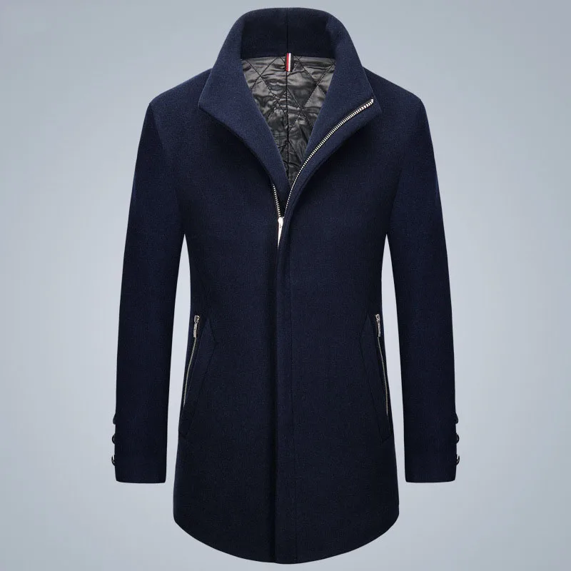 Navy Blue 54 Wool Stand Collar Fitted Men Blends Coats Thick Oblique