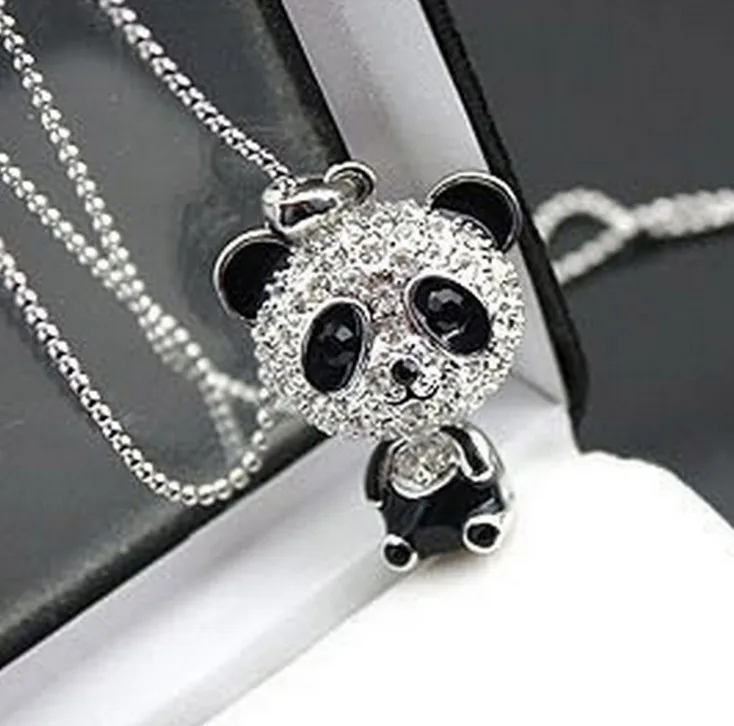 

2019 Pretty Enamel Rhinestone Panda Pendant Necklace Women Crystal Accessories Sweater Necklaces Jewelry