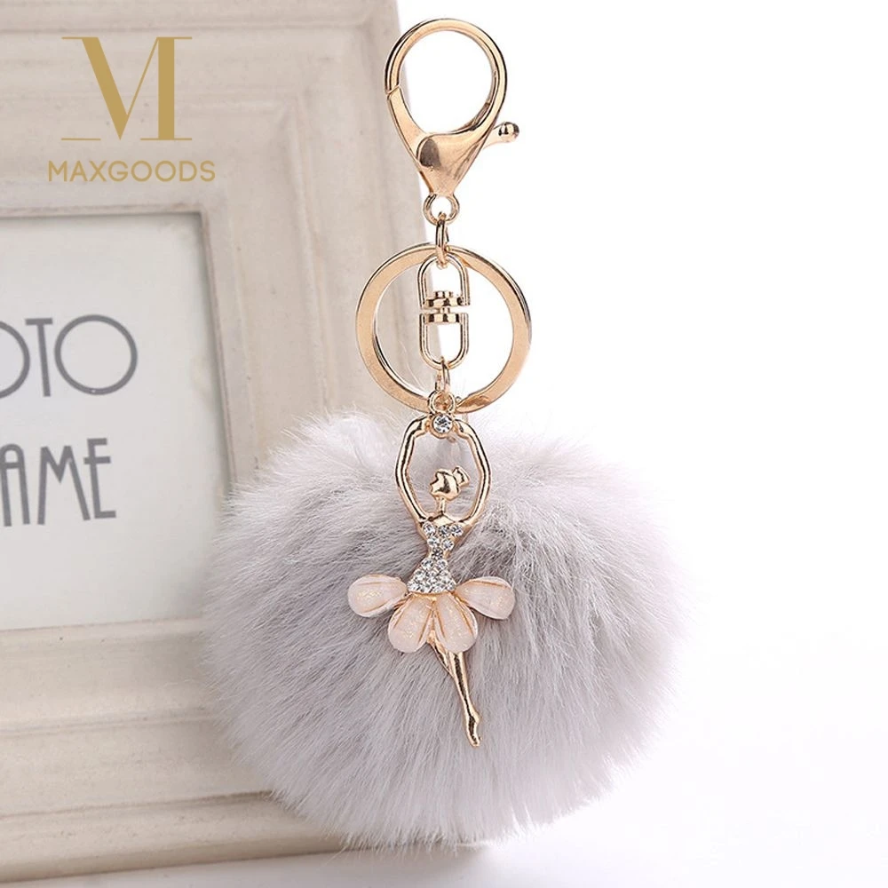 

1PC Lovely Crystal Ballet Girl Pompom Keychains Golden Dancing Angel Fluffy Puff Ball Pendants Key Chain Fashion Women Jewelry