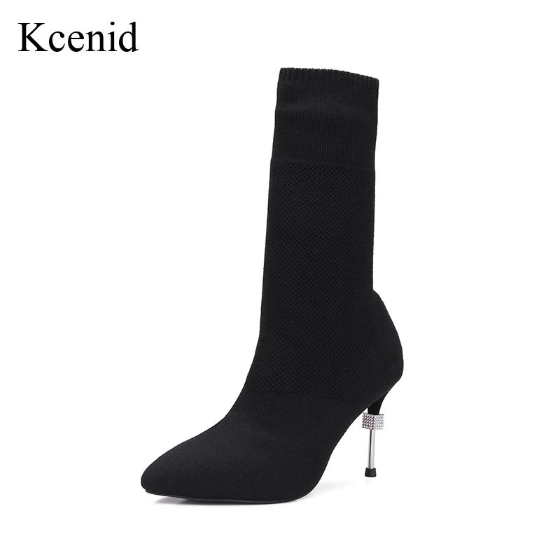 Kcenid/женские ботинки; эластичные вязаные носки; женские тонкие ботинки; zapatos mujer; пикантная обувь черного цвета на высоком каблуке с острым