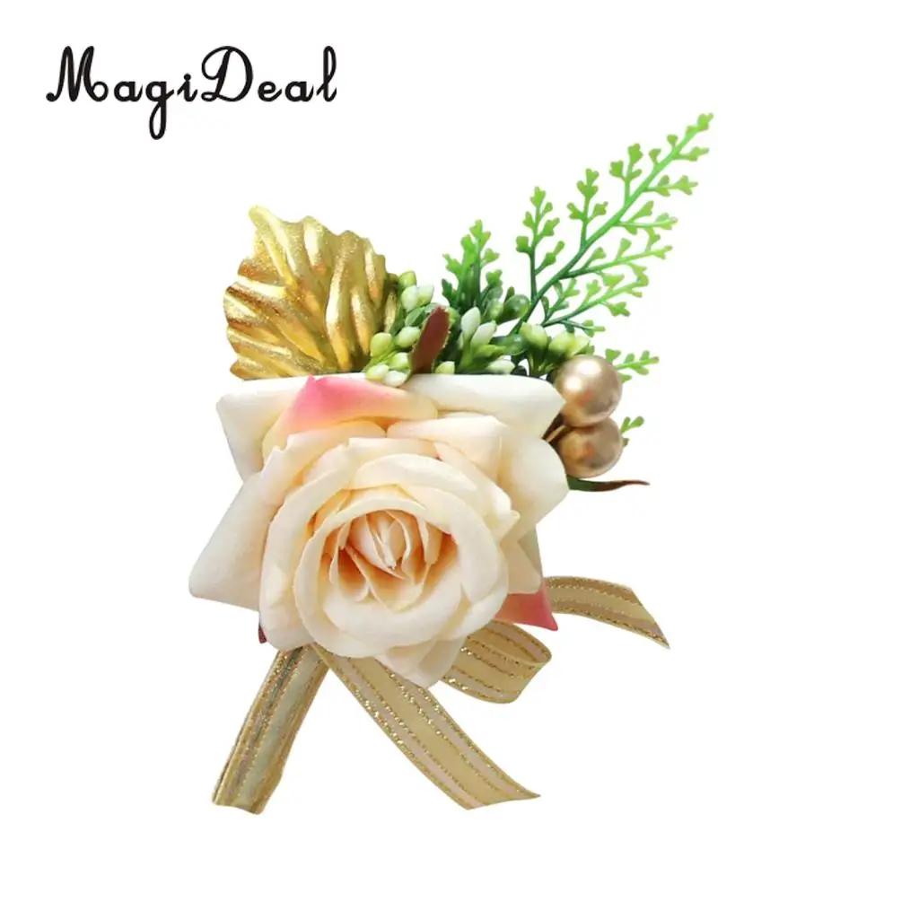 Romantic Artificial Rose Flower Pearls Wedding Corsage Boutonniere for Bridal Groom Fancy Dress