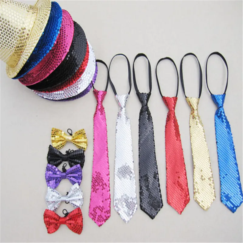 Hat + Tie + Bow Tie 3in1 Set Unisex Adult Bling Jazz Caps Hat Sequin Fedora Hats for Women Men Street Dance Party Costume blue fedora hat