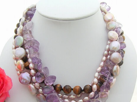 

huij 003670 6Strds Pearl&Tiger's Eyes&Amethyst Necklace