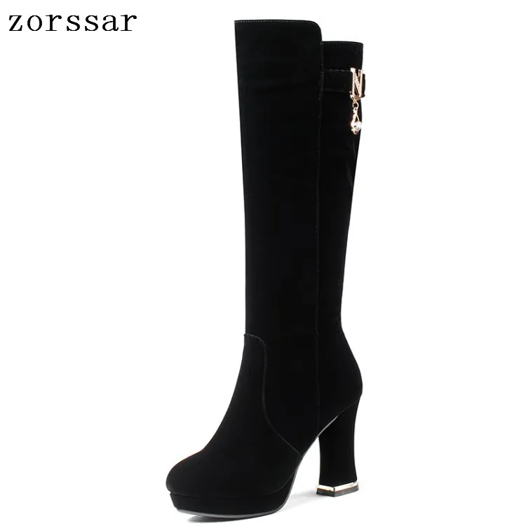 

{Zorssar} 2019 New Flock Leather Women Knee High Boots zipper Sexy Thick High Heels Women Thigh High Boots Winter Warm Fur Shoes