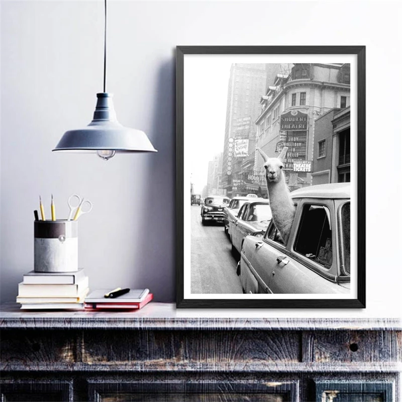Llama in a taxi on Times Square Canvas Print and Poster Vintage llama Print New York City Photo Picture Wall Art Home Decor