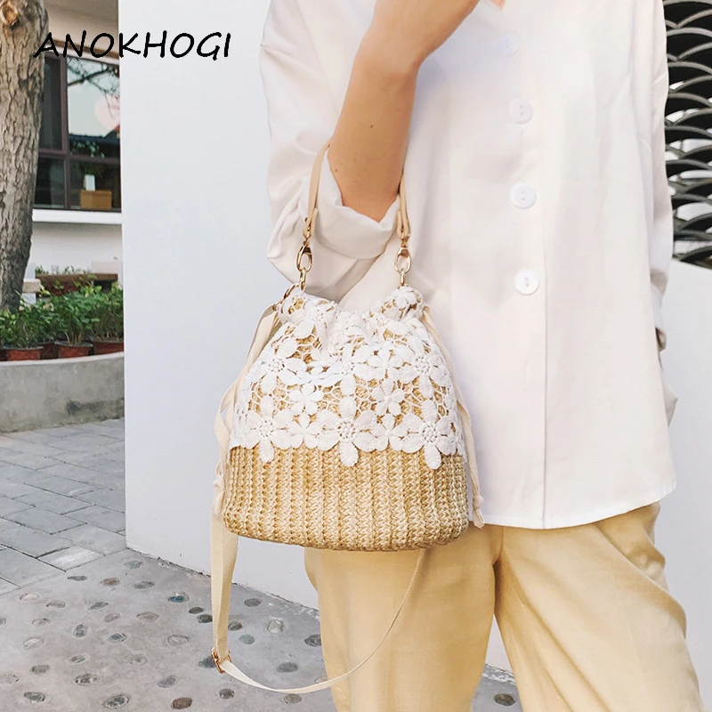 

Straw Woven Vintage Beach Lace Hollow Handbags Patchwork Handmade Summer Weaving Bucket Bags Retro Shoulder Crossbody Bag B309