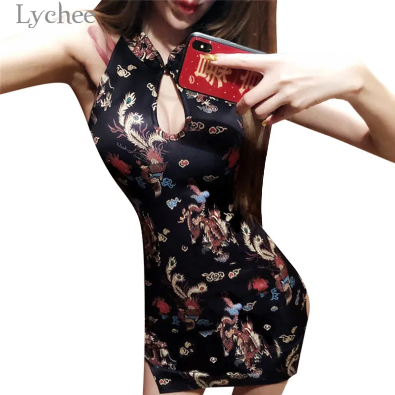 Lychee сексуальное женское платье Чонсам с драконом Фениксом без рукавов Осенние