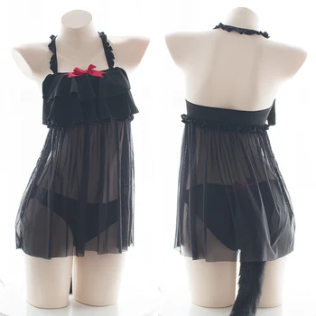 

Sexy Women Cat Girl Underwear Japanese Style Black Bow Ruffle Transparent Voile Dress Hollow out Panties Tail Intimates Set
