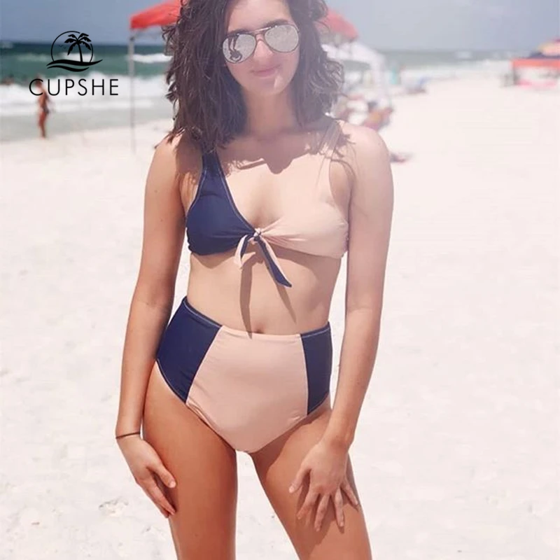 Billig CUPSHE Patchwork Knoten High taille Bikini Set Frauen Zwei Stücke Bademode 2020 Strand Badeanzug Badeanzüge