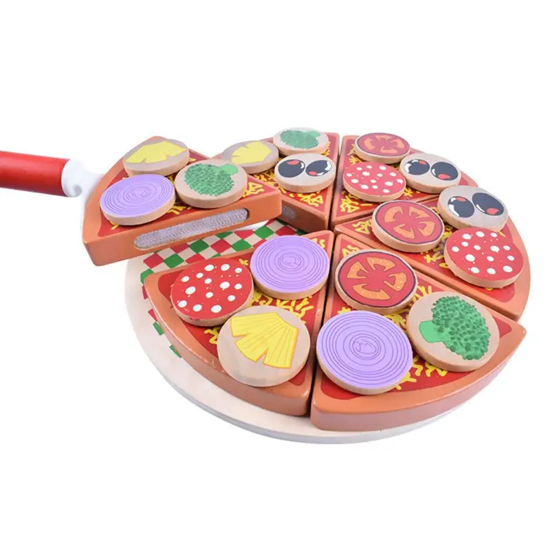 

Wooden Pretend Play Food Pizza Set & Sticky Tab Toppings Simulation Tableware for Kids Pretend Play Toy