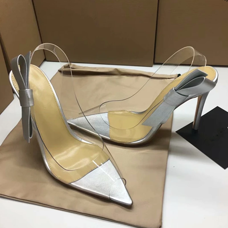 

Sexy PVC Clear Women Pumps Fashion Bowknot Decor Pointed Toe Buckle Strap Stiletto High Heels Shoes Runway Party Wedding Shoes