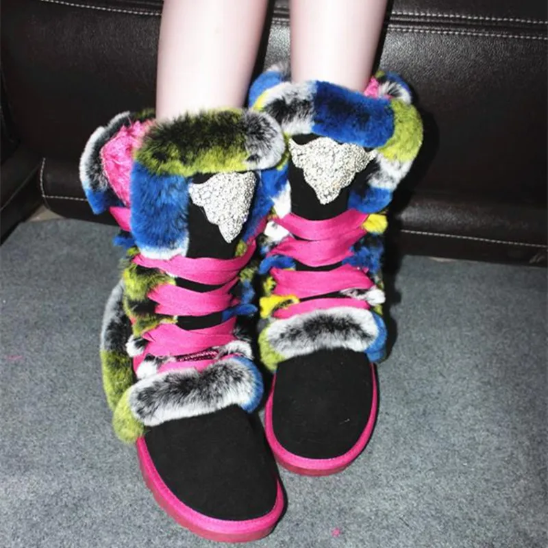 Colorful Snow Boots Sewing Fur Boots Women Warm Mid-calf Booties Fashion Winter Leather Lace-up Flat Boots Botte Femme Hiver
