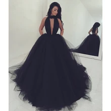 Black Tulle Princess Evening Dress Halter Backless Floor Length Sexy Prom Party Gowns High Quality Arabic Women Dresses