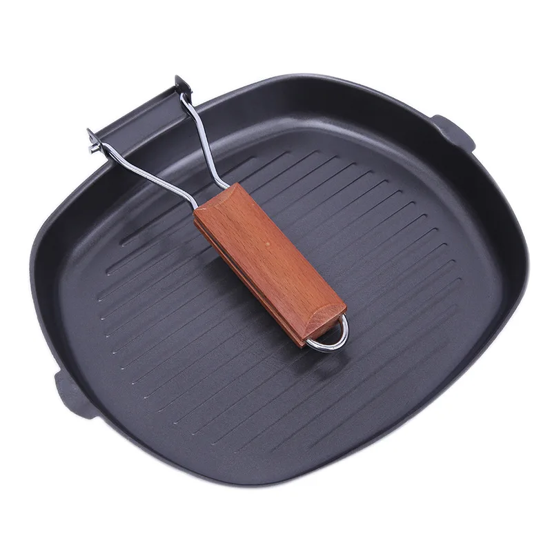 

Outdoor Non-Stick BBQ Fried Pan Square Cast Iron Grill Pan Wooden Handles for Pans Can Folding Handle Pan Fry Steak Grill Pans