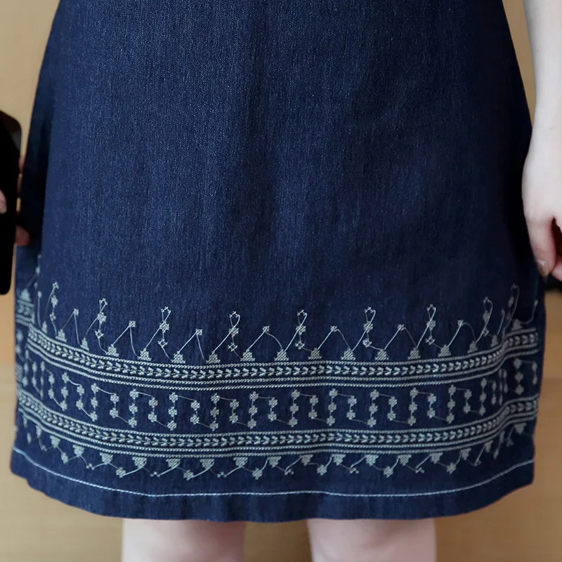Summer New Women Denim Dress Embroidered Casual Jeans Sexy Short-Sleeve O Neck Slim A Line Denim Dress Female Plus size S-5XL