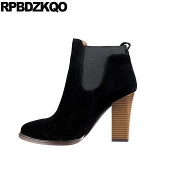 

chelsea pointed toe high heel fur fashion chunky suede black brand women winter boots genuine leather shoes booties slip on 2018